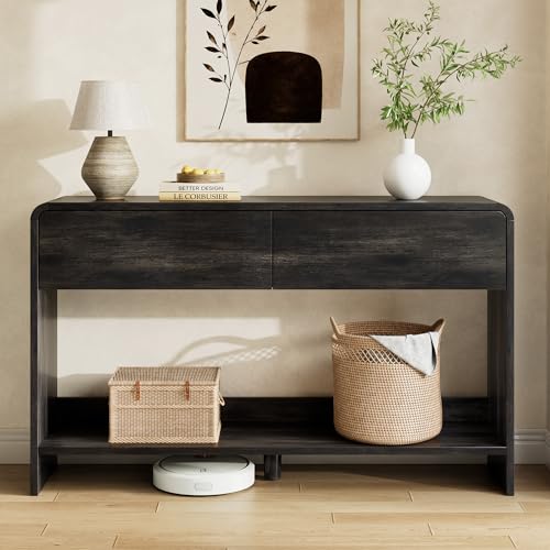 Image of AMERLIFE 55 inch Modern Console Table with 2 Storage Drawers and Open Shelf, Wooden Entryway Table with Curved Edges, Sofa Table Behind Couch for Hallway, Foyer, Entrance, Living Room, Black