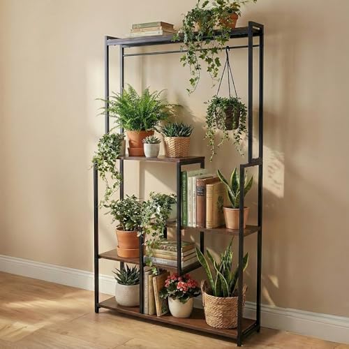 Image of ORILEY RectiQuad 4 Tier Wooden Plant Stand with Rectangular Base Indoor Multiple Flower Pot Holder Wood Display Racks for Home Potted Plants and Flowers Balcony & Garden (Pack of 1)