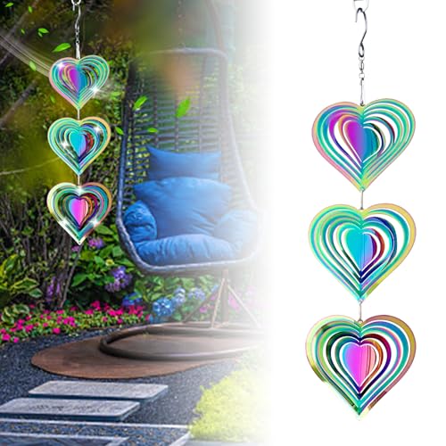 Metal Spiral Heart Wind Spinner Indoor Outdoor, Hanging Stainless Steel Wind Spinner, 360 Degrees Spiral Wind Chime for Garden, Bedroom, Yard, Window, Corridor (Colourful Heart)