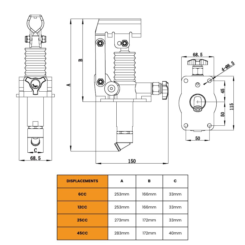 Handpumpe 45 CC, für einfachwirkenden Zylinder, mit Entlastungsventil, montiert mit einem Tank, 600 mm Handhebel inklusive (5-Liter-Tank)