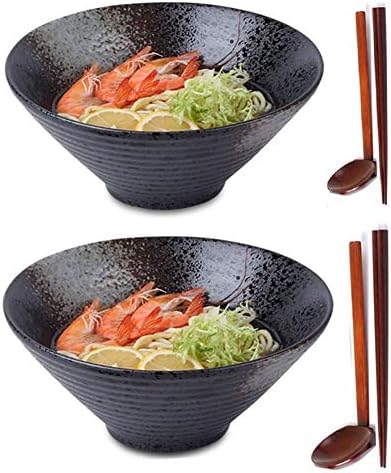 2 Sets (6 Piece) Ceramic Japanese Ramen Soup Bowl, 1600ml/57oz Large Noodle Bowl, with Matching Spoon and Chopsticks for Thai Udon Wonton Soup Soba Pho Asian Noodles, Black