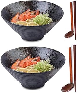 2 Sets (6 Piece) Ceramic Japanese Ramen Soup Bowl, 1600ml/57oz Large Noodle Bowl, with Matching Spoon and Chopsticks for Thai Udon Wonton Soup Soba Pho Asian Noodles, Black