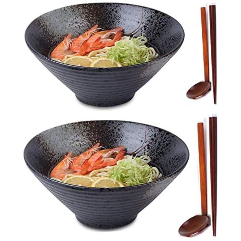 2 Sets (6 Piece) Ceramic Japanese Ramen Soup Bowl, 1600ml/57oz Large Noodle Bowl, with Matching Spoon and Chopsticks for Thai Udon Wonton Soup Soba Pho Asian Noodles, Black Cover
