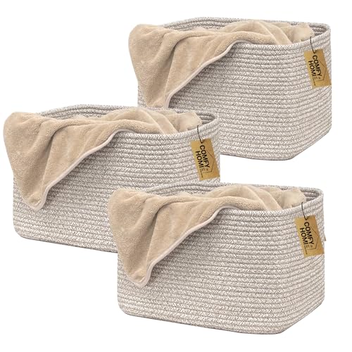 Image of COMFY-HOMI 3PACK Cotton Rope Square Basket with Handles for Shelves| Storage|Baby Basket for GIF|Shoe Basket for Organizing|New13.5 inch x 11 inch x 9.5 inch for Living Room