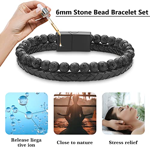 Luxejew Lava Rock Bracelets For Men, Black Leather Lava Rock Stone Beaded Bracelets For Men Stress Relief Anxiety Healing Bracelets For Men Mens Leather Beaded Bracelets Mens Bracelets Jewelry Gifts #TOP5