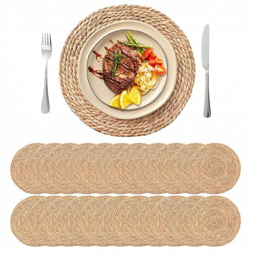 Image of Round Woven Placemats Set of 24, 13.5'' Boho Rattan Chargers for Dinner Plates, Rustic Wicker Place Mats, Straw Braided Table Placemats, for Dining Table Decor, Wedding, Farmhouse and Home Decor