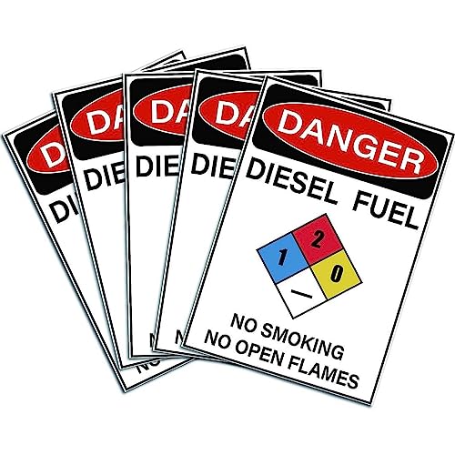 Image of CVANU Danger DIESEL FUEL No Smoking No Open Flames Warning Safety Self-Adhesive Waterproof PVC Vinyl Sign Sticker Size (11.7inchX8.3inch) Pack of 5