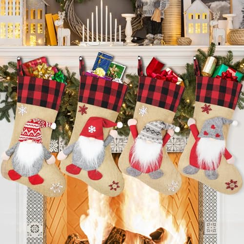 KHOYIME Christmas Stockings 4 Pack,18.5 Inch 3D Gnomes Santa Christmas Stockings with Red and Black Burlap Plaid Christmas Decorations for Family Holiday Fireplace Hanging Christmas Party Decor