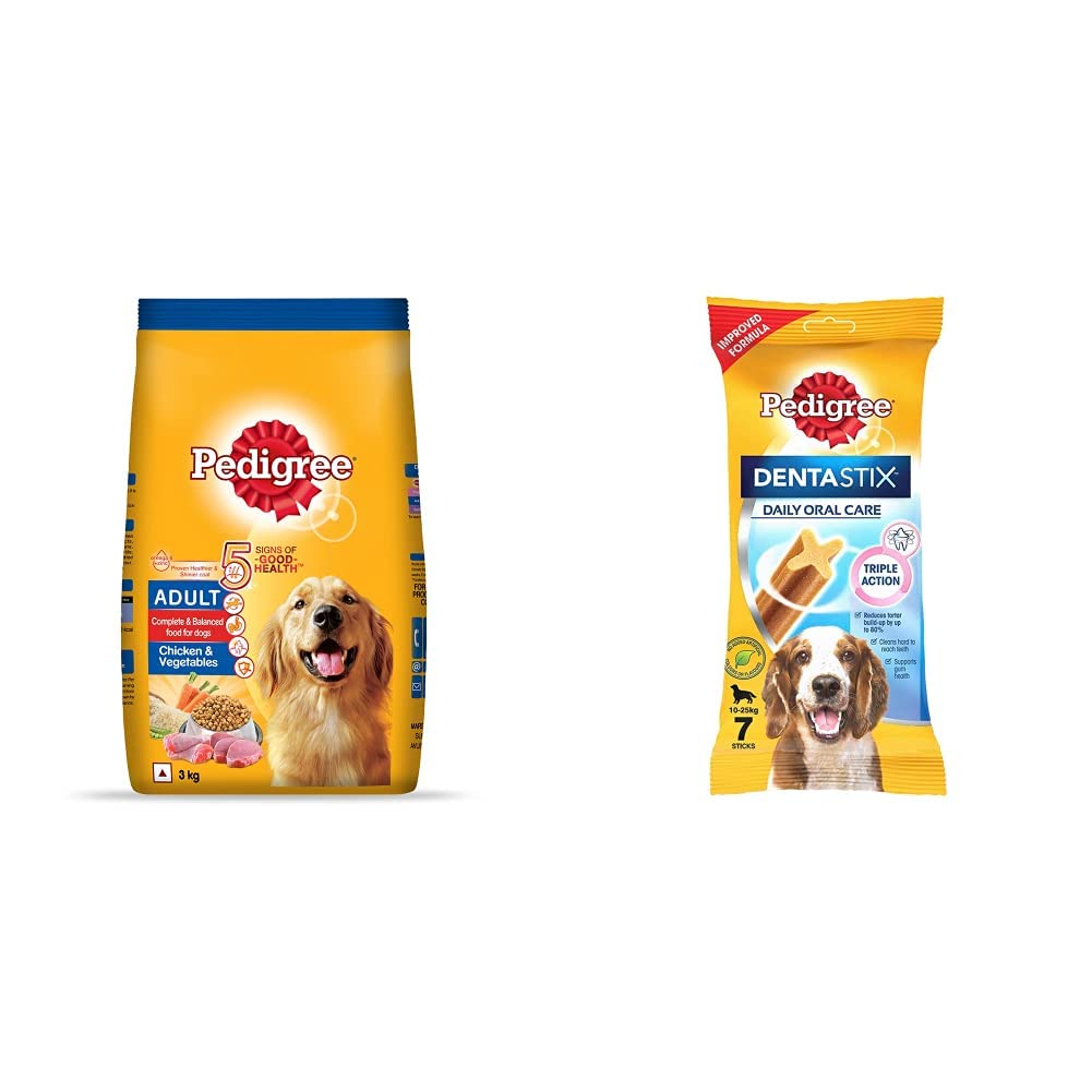 Pedigree Adult Dry Dog Food, Chicken and Vegetables, 3kg Pack & Pedigree Dentastix Medium Breed (10-25 kg) Oral Care Dog Treat (Chew Sticks) (7 Sticks) 180g Weekly