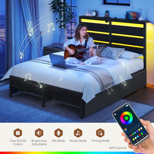 Image of Rolanstar Queen Bed Frame with 4 Drawers, LED Lights and Charging Station, Metal Platform Bed with Storage Headboard, Noise Free, Easy Assembly, No Box Spring Needed, Black