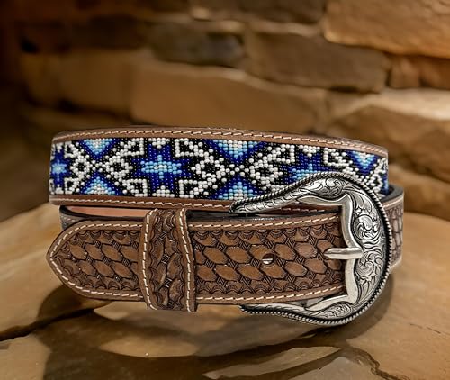 Beaded Western Belt for Men Full Grain One Piece Leather Belt Tooled Handmade with Buckle Engraved 1.5” Wide4