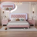 Linique 3-Pieces Bedroom Sets, Queen Size Upholstered Platform Bed Frame with LED Lights and Two Nightstands, Modern Wooden Velvet Platform Bed with Button Tufted Headboard, Pink