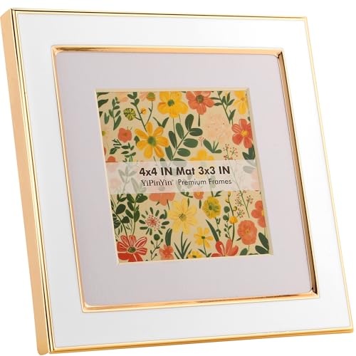YiPinYin 4x4 White Enamel Square Picture Frame with Acid Free Mat for 3x3 Gold Metal Edge HD-Real Glass & Black Velvet Back Wall/Tabletop