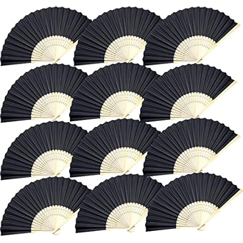 LYART 12PCS Delicate Cherry Blossom Design Silk Folding Hand Fan Wedding Favors Gifts,Fan Girls, Ladies, Church Wedding Gift, Party Favors, DIY Decoration Music Festival, Party, Parade (2.Black) Cover