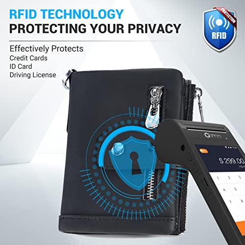 Mens Wallets with Chain, Chain Wallet for Men, Genuine Leather Purse RFID Blocking Zipper Bi-fold Wallet with Double Coin Pocket and ID Window, Black4