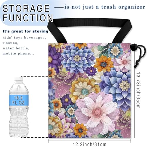 Image of Car Trash Bag Hanging Back of Seat Waterproof Small Cute Printed One-Handed Strap Drawstring Garbage Bags for Car-Purple Boho Floral