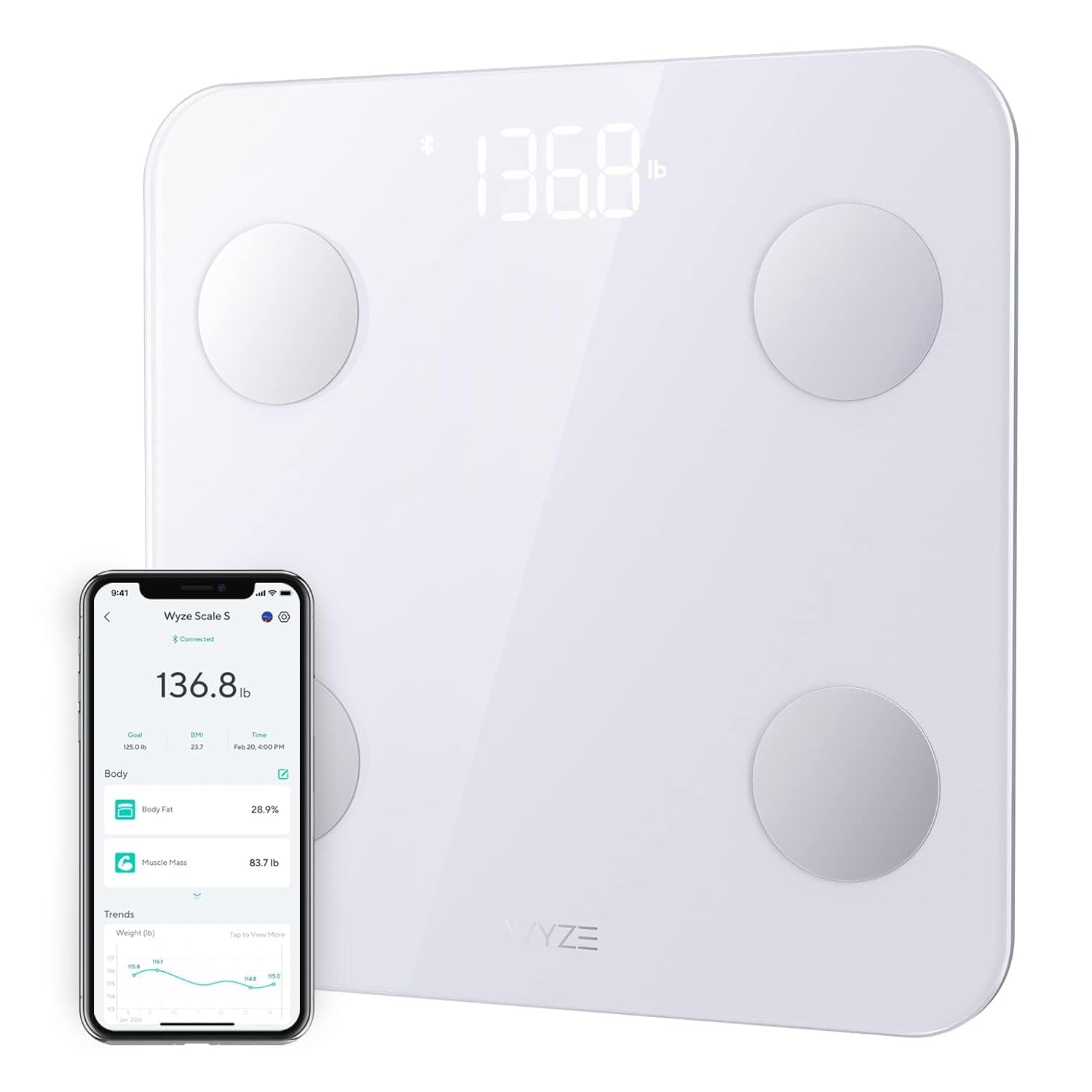 Wyze Scale S, Scale for Body Weight, Digital Bathroom Scale for Body Fat, BMI, Muscle, Heart Rate, Body Composition Analyzer with App, Batteries Included, Bluetooth, 400 lb, White Wyze Scale S White - FSA/HSA Eligible