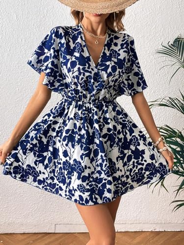 Floerns Women's Allover Floral Print Flounce Short Sleeve V Neck A Line Short Dress4