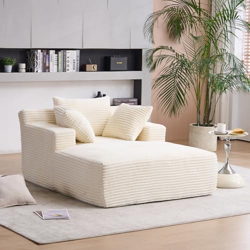 Image of Oversized Chaise Longue Chair Indoor, Upholstered Corduroy Deep Seat Sofa Bed with Throw Pillows and Armrests, Sleeper Sofa Couch for Living Room, Bedroom Apartment HD276