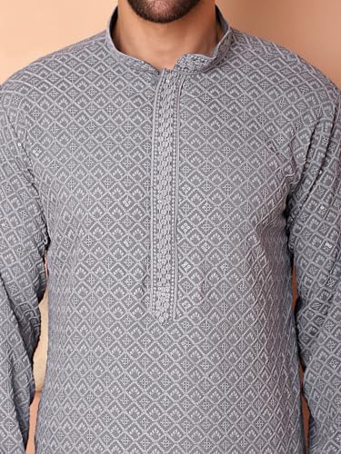 Image of Jompers Men's Grey Embroidered and Sequence Kurta with Pyjama (Grey, S)