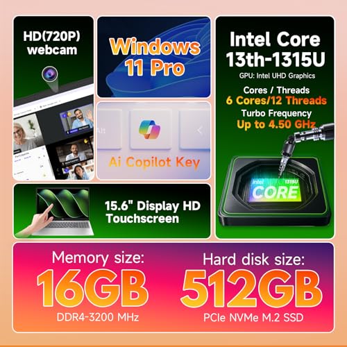 Image of HP 2026 15.6-inch Touchscreen Laptops - 16GB RAM, 512GB SSD, Intel i3 1315U(Up to 4.5GHz), 15.6 inch HD Anti-Glare, Wi-Fi 6, Ai Copilot, Win 11 Pro, Long Battery Life for Work & Classes, w /Laptop Bundle