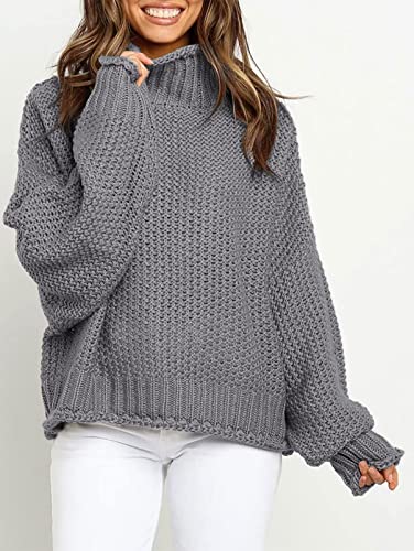 Image of ZESICA Women's Turtleneck Batwing Sleeve Loose Oversized Chunky Knitted Pullover Sweater Jumper Tops,Grey2,XX-Large