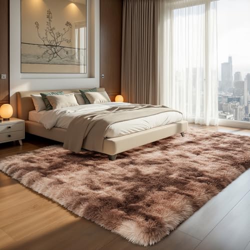 Zentavio Area Rugs for Living Room Large Rugs for Bedroom 6x9 Soft Carpet Fluffy Furry Shag Aesthetic Plush High Pile Gray Throw Rug for Nursery Kids Room Dorm Tie-Dyed Coffee