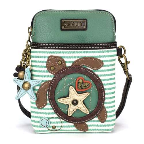 CHALA Ocean Collection Cell Phone Crossbody Purse-Women PU Leather/Canvas Multicolor Handbag with Adjustable Strap - Turtle - teal stripe