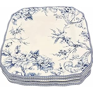 222 Fifth Adelaide Blue Toile Square Dinner Plates | Fine China/Porcelaine | Set of 4 | 10.75″ x 10.75″