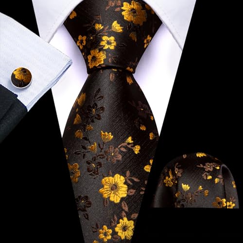 Image of Barry.Wang Flower Ties for Men Handkerchief Cufflinks Set Wedding Necktie Set Party