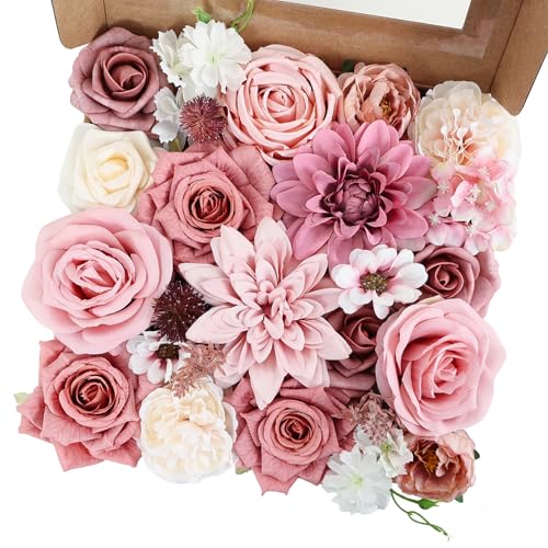 Erhalings Artificial Flowers Dusty Pink Artificial Flower Combo Box Set Fake Roses Bouquets Bridal Wedding Shower Decorations Fake Floral for Party Centerpieces Floral Arrangements Pink Blush Flowers
