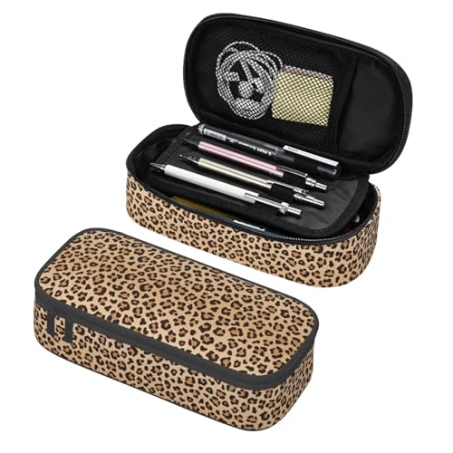 Image of Perinsto Brown Leopard Print Pencil Case Big Capacity Multi Compartment Stationery Box Pencil Pouch Holder Desk Organizer For School Office Home