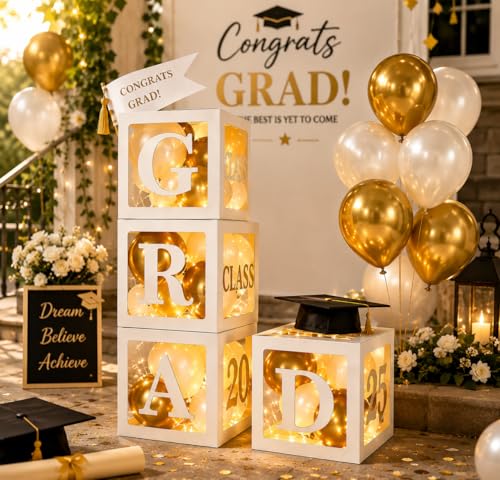 Boîtes à ballons de remise de diplôme et guirlande lumineuse pour décoration de fête réussie