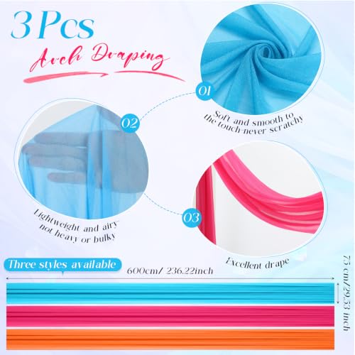 Image of Summer Wedding Arch Draping Fabric 3 Panels, Hot Pink Orange Blue | 2.46 x 20ft, Pink and Orange Sheer Chiffon Fabric Backdrop, for Tropical Colorful Sunset Party Bridal Shower Decoration