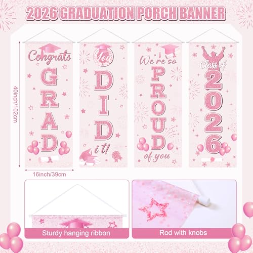 Image of Panelee 4 Pcs Pink Graduation Party Decorations 2026 Congrats Grad Porch Banners Class of 2026 Hanging Banner Backdrop for Classroom School Doorway Indoor Outdoor Wall Hanging Decor