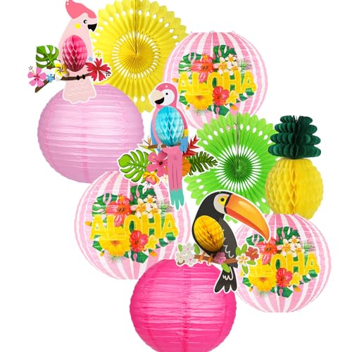 zilue Luau Party Decorations, Aloha Paper Lanterns Tropical Parrot Birds Tissue Paper Fans Pineapple Honeycomb Decorations for Beach Pool Flamingo Moana Birthday Party Supplies