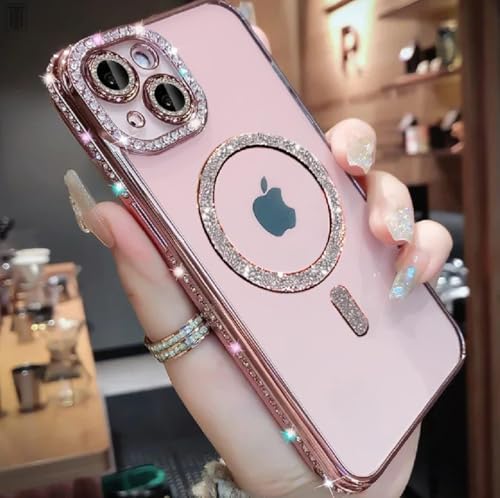 Image of Cute Compatible with iPhone 15 Diamond Glitter Case,Luxury Bling Rhinestone Soft Clear TPU Bumper Case,Compatible with MagSfe and Camera Lens Protection Cover for Women Girls (Pink)