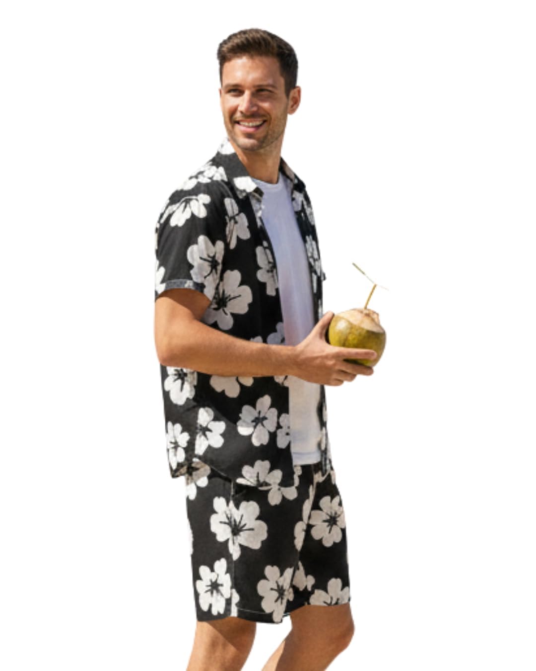 Men’s Polyester Fabric Solid Printed Co-Ord Set for Men Floral Print Short Sleeve Shirt with Drawstring Shorts Casual Summer Wear, Beach & Vacation Outfit for Men-image-7