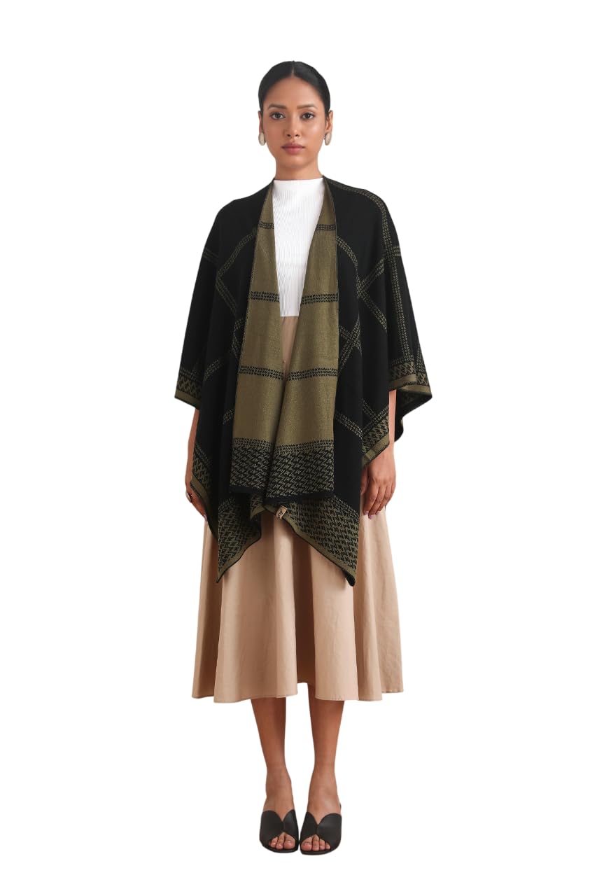 Stylish Draped Cape for Women | Open Front Shawl Inspired Layer | Structured Textured Fabric with Contrast Border | Elegant Indo-Western Fashion Wrap | Lightweight Winter Outerwear-image-7
