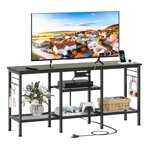 Furologee TV Stand with Power Outlets, Entertainment Center with Open Storage Shelves for TVs up to 55 Inch, TV Media Console Table with Soundbar Shelf for Living Room, Bedroom, Black Oak