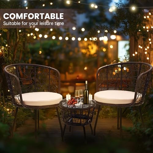 Image of Kromax 3-Piece Patio Modern Bistro Set, Brown /Begie | Outdoor All-Weather Wicker Furniture Chairs and Side Table Set, Ideal for Balcony, Porch and Backyard