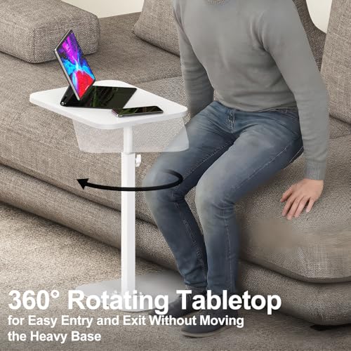 Image of HzTinT Side Table Sofa Tray for Couch Heavy Metal Base Swivel /Adjustable Height, Sofa Bed Bathroom Study TV Tray C Shaped End Table Food Snack Trays for Eating