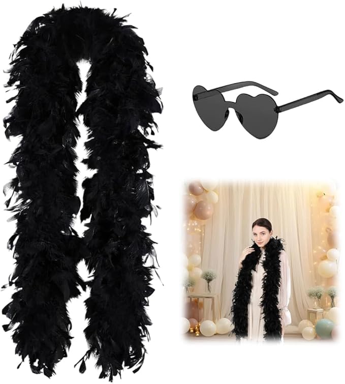 Schwarze Federboa,Länge Circa 2m,Flauschige Federboa Schwarz,Feather boa,Federschal Schwarz,Kostüm Damen Zubehör Set für 20er Jahre Style,Ideal...