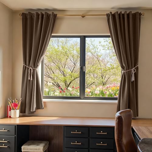 Image of Truffle Velvet Curtains Quiet Luxury Rod Pocket 52x72 Inch 2 Panels | Soft Velvet, Light Filtering, For Small Windows, Kitchens & Bathrooms, Light Shifting Texture, Elegant Drape, Luxury