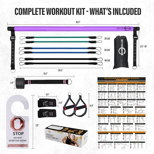 Pilates Bar Kit with Resistance Bands – Adjustable 39” Steel Bar & 6 Stackable Bands (40-180lbs), Full Body Pilates Kit for Home Workouts for Women & Men, Portable Pilates Reformer Strength Training