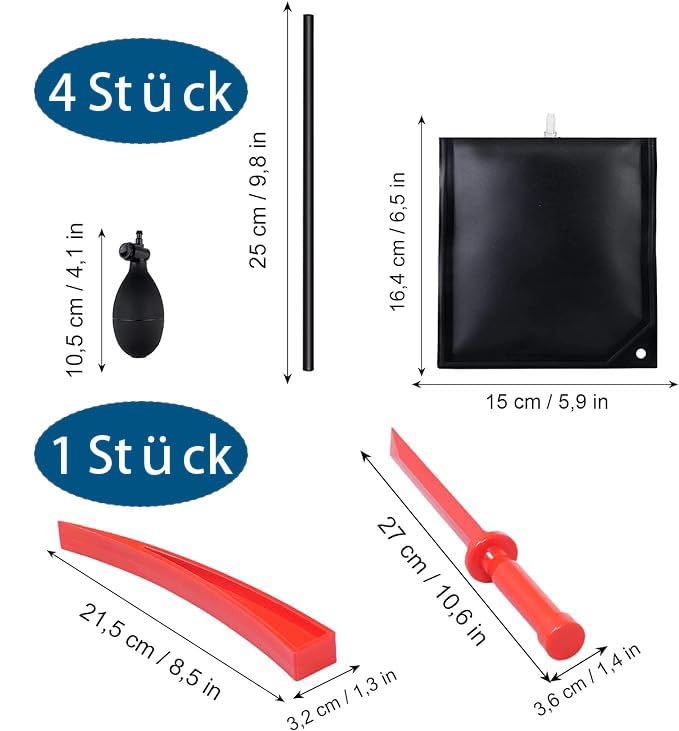 4 stuks montagekussenset: montagekussen, luchtpomp van 300 kg, Air Wedge pomp, spreidkussen, wig-luchtkussen, pompkussen, montagehulp, oppompkussen voor de inbouw van ramen en deuren