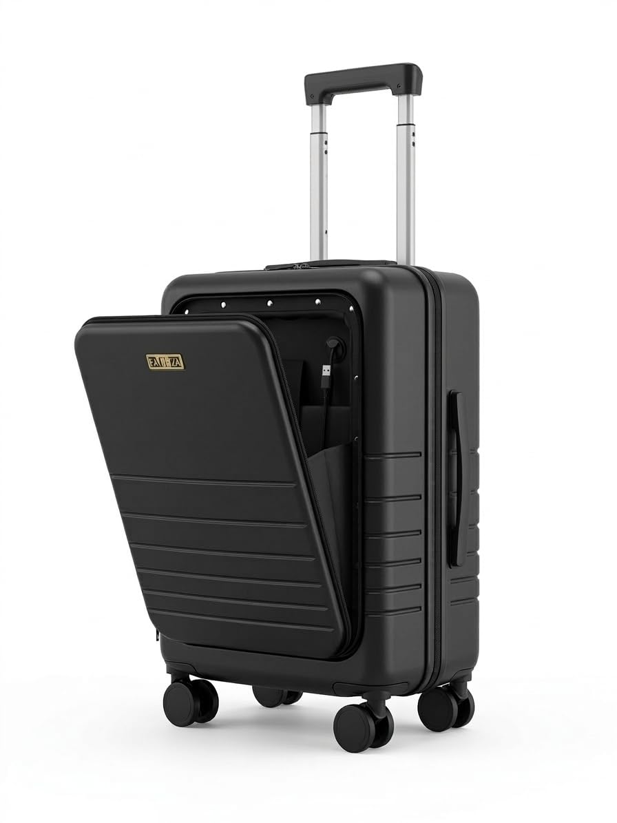 Fagoza Hardside - Equipaje de mano aprobado por aerolíneas de 22 x 14 x 9 pulgadas con bolsillo frontal, puerto de carga USB y portavasos, Negro, 22x14x9, Equipaje de mano abierto frontal rígido PC
