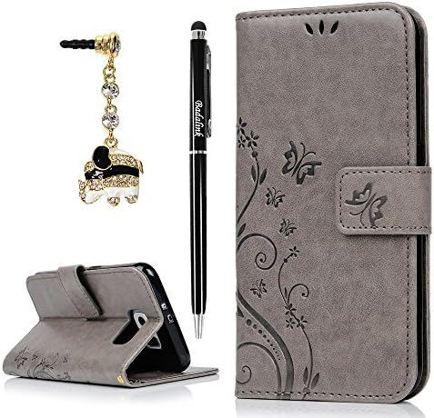 Badalink Case Compatible with Samsung Galaxy S6 Case (Non-Edge), Fashion Wallet Premium PU Leather Embossed Flowers Butterfly Flip Cover Hand Strap & 3D Cute Elephant Dust Plug & Stylus Pen - Gray