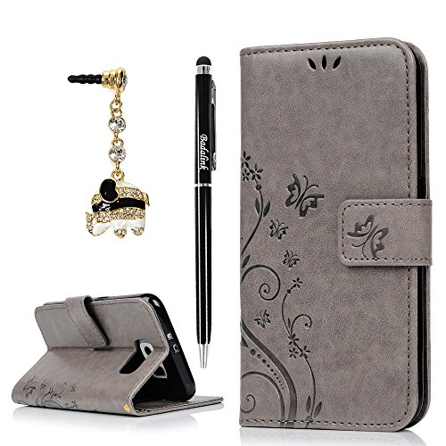 Badalink Case Compatible With Samsung Galaxy S6 Case (Non-Edge), Fashion Wallet Premium Pu Leather Embossed Flowers Butterfly Flip Cover Hand Strap & 3D Cute Elephant Dust Plug & Stylus Pen - Gray #TOP10