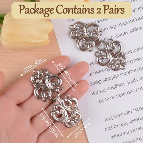 WANDIC Cloak Clasp Verschlussverschlüsse, 2 Paare Swirl Flower Cape Verschlüsse Nähen auf Haken und Augen Cardigan Clip, Silber (Nötig zu Nähen)
